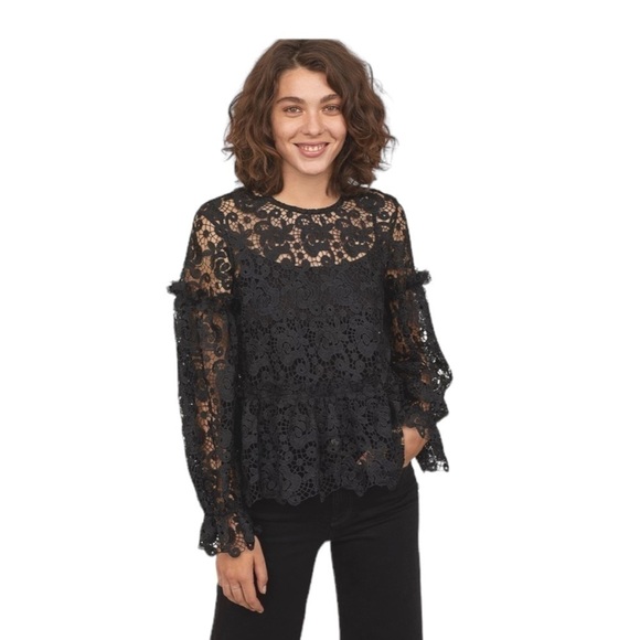 H&M Black Embroidered Lace Ruffle Long Balloon Sleeve Sheer Blouse Women Size 6 - Picture 2 of 16